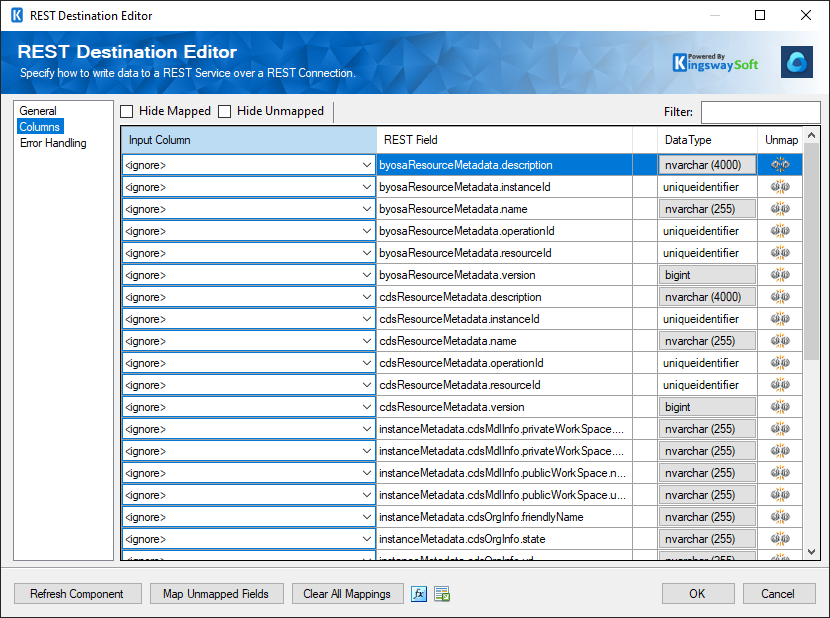 Dynamics 365 Customer Insights Destination Component - Columns